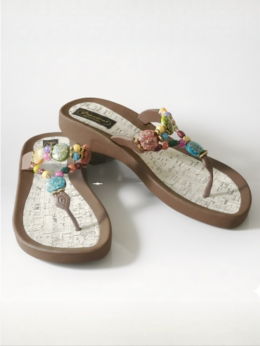 Grandco Size 7 NEW Sandals Rainbow Beaded Thong Flip Flop Brown Foam Cork